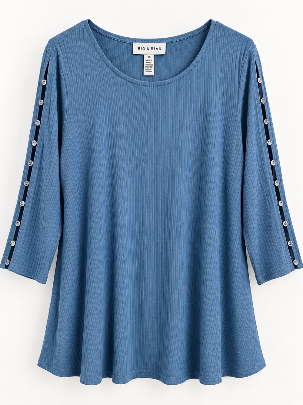 Rio & Rian Women’s 2X Dusty Blue Ribbed Tunic Top Button Sleeve Plus Size NWT